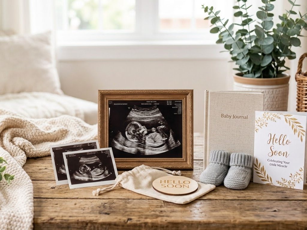 A framed ultrasound keepsake, a Baby Journal, knit booties and a Hello Soon card arranged on a table.