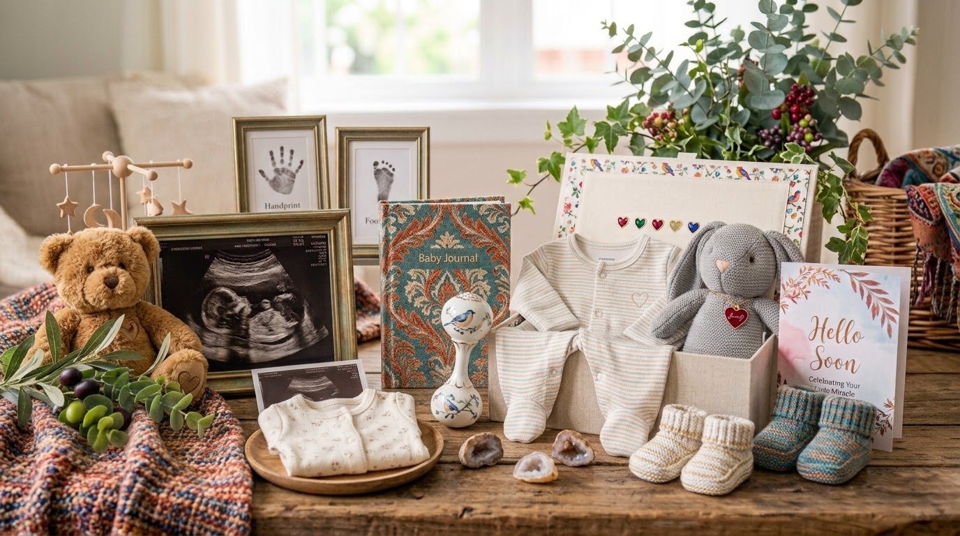 A cozy keepsake flatlay with a teddy bear, framed ultrasound photo, Baby Journal, a gift box of newborn clothes, and a Hello Soon card.